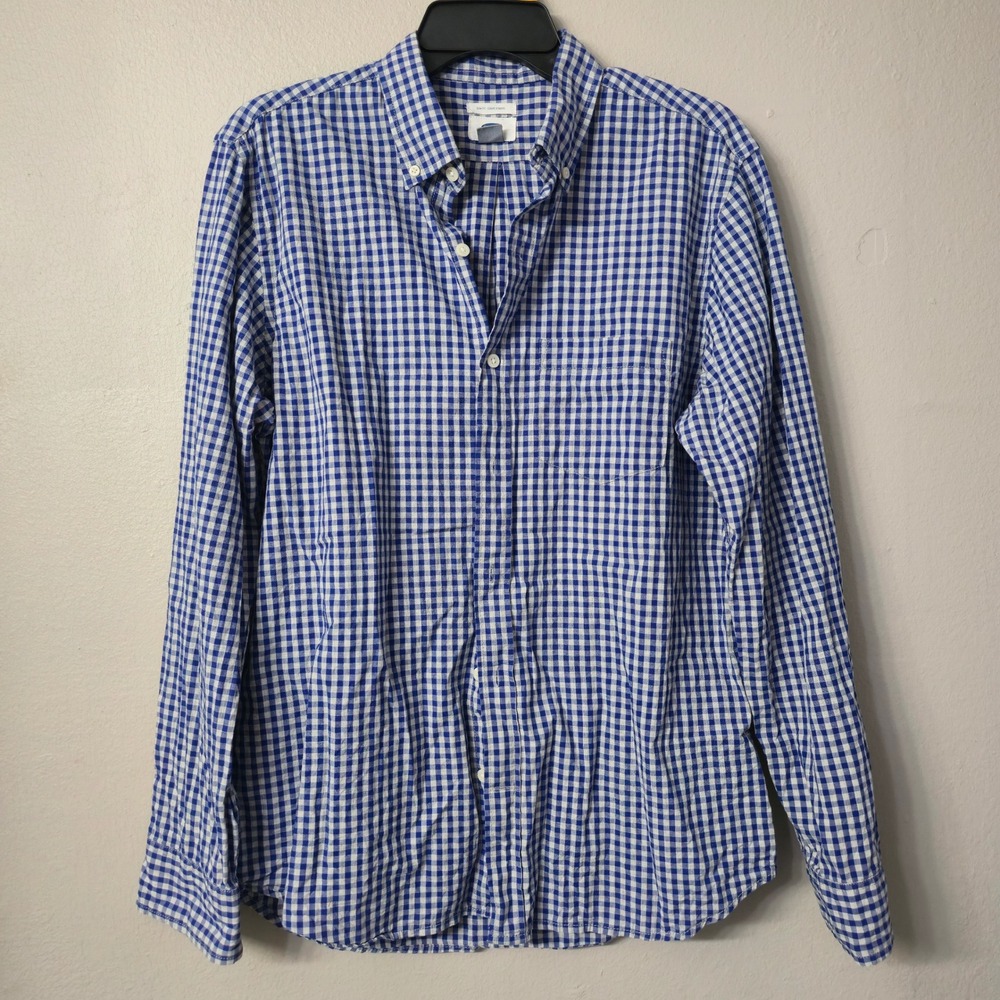 Old Navy Mens Slim Fit Gingham Button Down Shirt Blue White Cotton Medium
